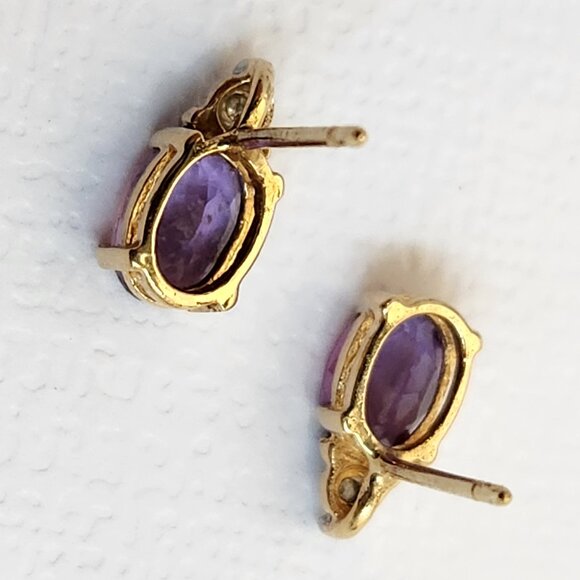 True VTG 80s 14K Solid Gold Natural Amethyst & Diamond Stud Earrings - Picture 11 of 15